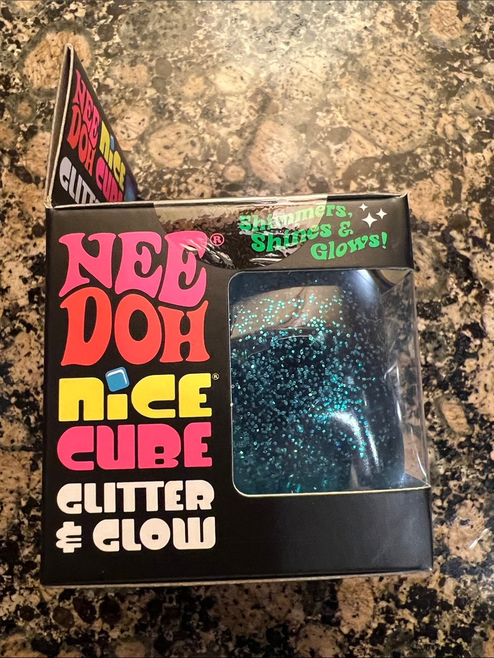 NeeDoh Nice Cube Glitter & Glow Super Solid Squish - Teal Glitter - Picture 2 of 4